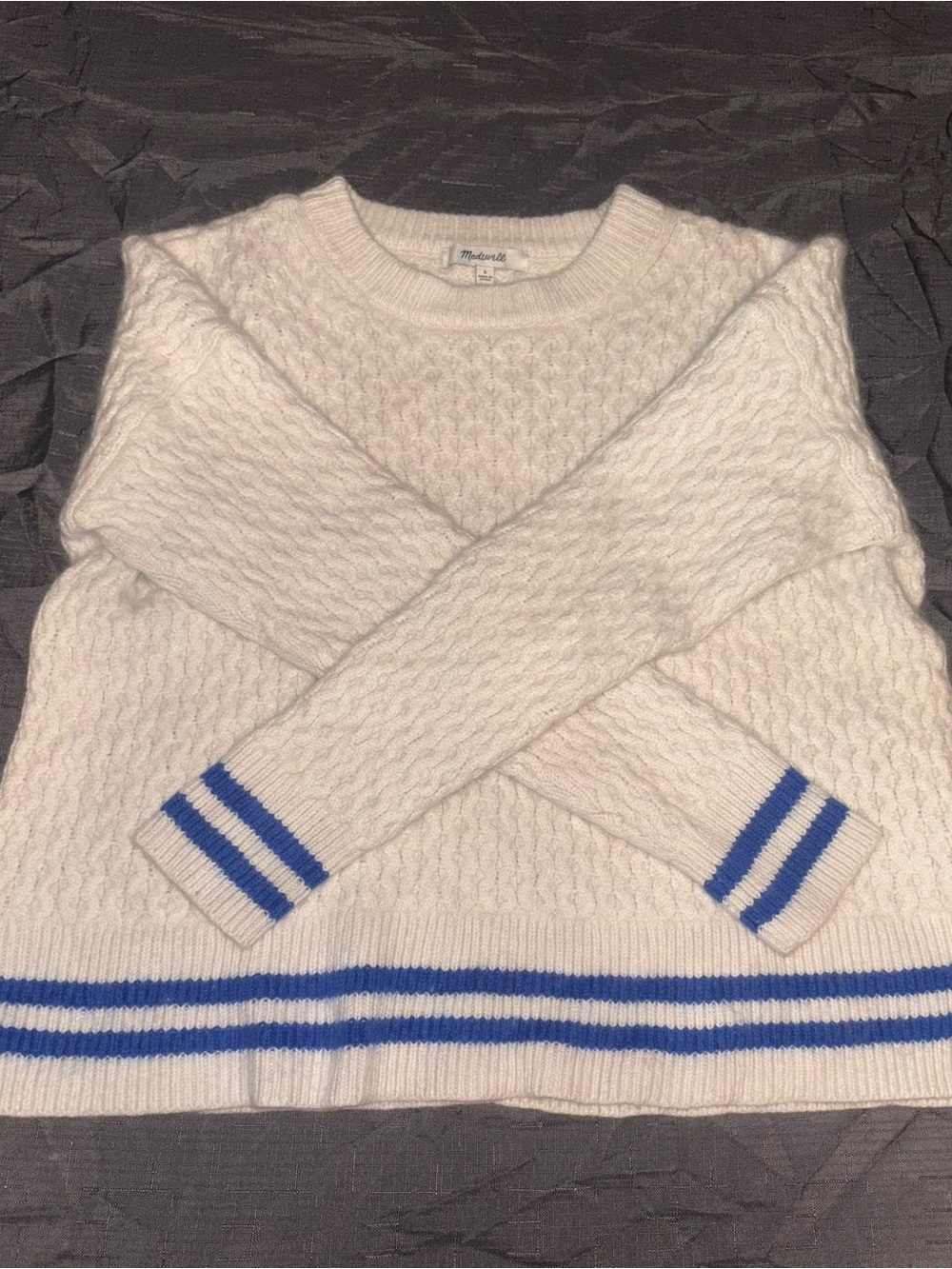 Madewell White Cable Knit Sweater with Blue Stripe Trim - Picture 4 of 10